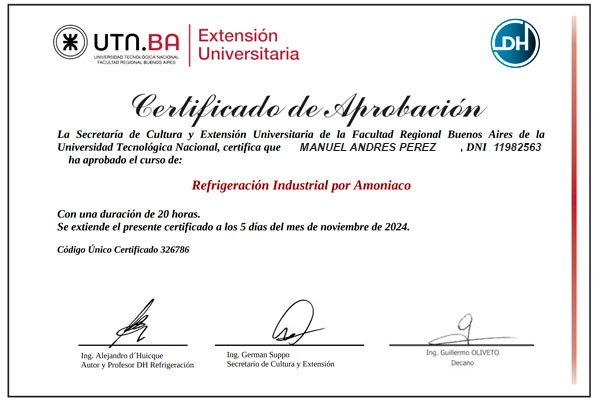 Certificado de aprobación UTN — Curso de Refrigeración Industrial por Amoniaco